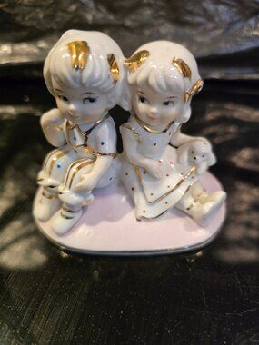 PMM&M West German Bavaria Porcelain Boy Girl Dog Figurine White Pink Gilded 3.5"